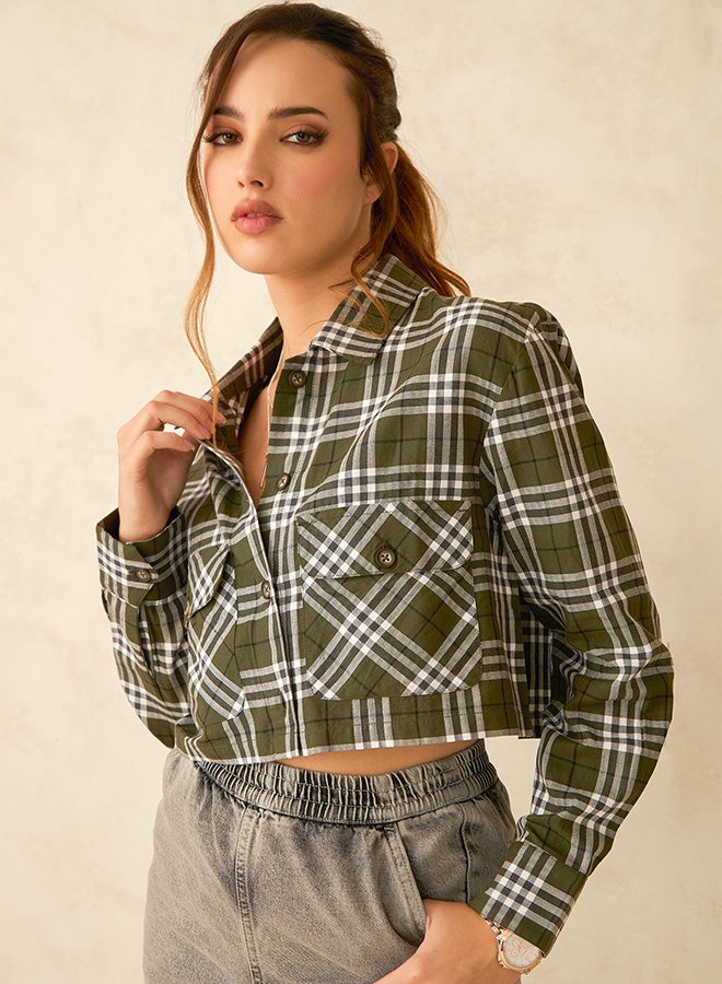 Virgio VIRGIO 100% Cotton Green Cropped Plaid Shacket  - Image 2