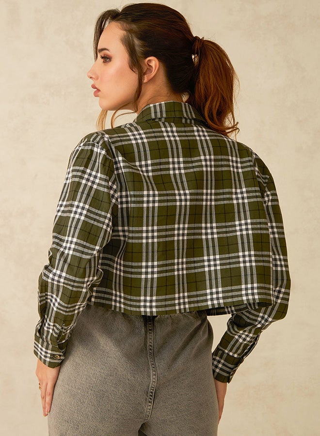 Virgio VIRGIO 100% Cotton Green Cropped Plaid Shacket  - Image 5