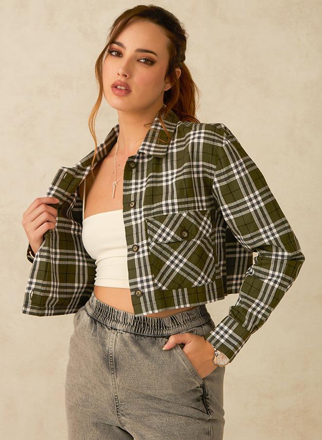 Virgio VIRGIO 100% Cotton Green Cropped Plaid Shacket  - Image 1