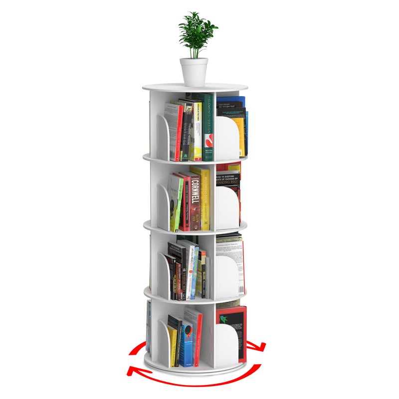 Houseables Rotating Bookshelf Revolving Bookcase Spinning Book Shelf 4 Tier White Wood 360 Degrees Bookshelves Floor Stand Rotation Display Tower Stackable Round Turning for Kids Children