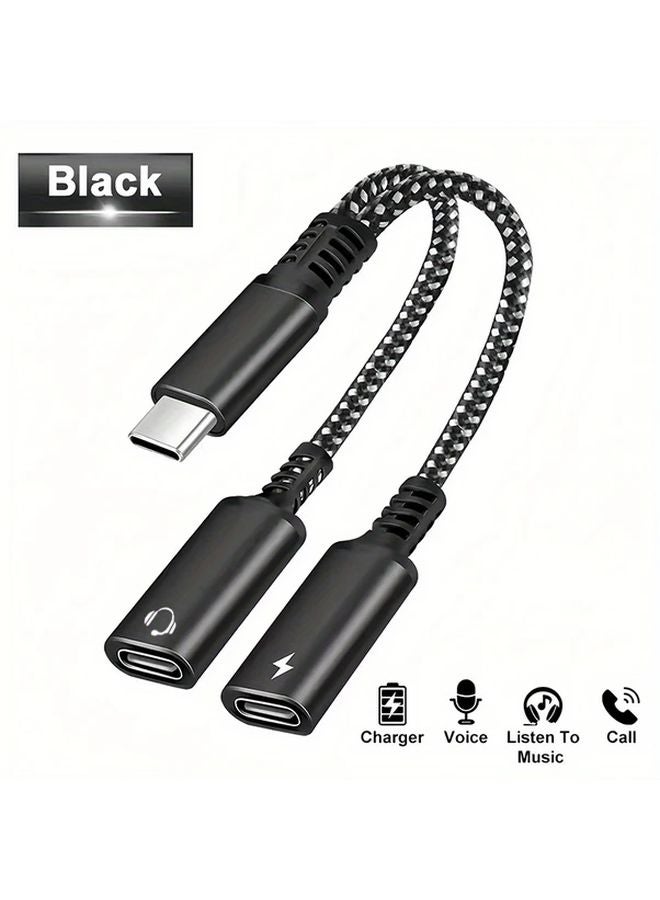 أسود 2 في 1 محول من USB-C إلى مقسم سماعات مزدوج مع شحن سريع - Image 1