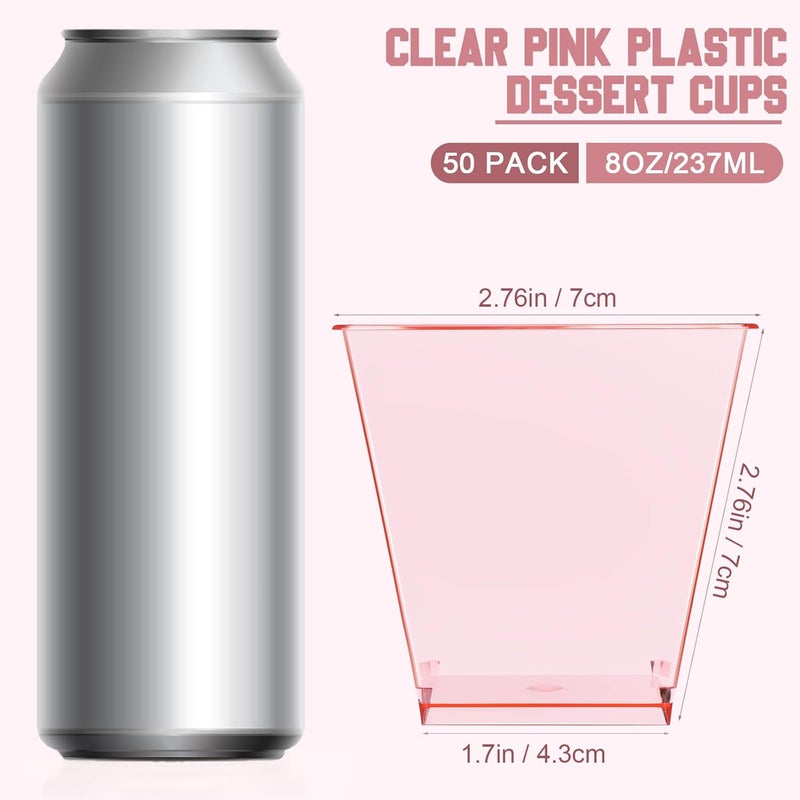 Mifoci 50 Pcs 8 oz Plastic Dessert Appetizer Cups Clear Mini Cake Salad Cups for Party Yogurt Parfait Containers for Parties Yogurt Fruit Ice Cream Serve Appetizer Clear Pink - Image 4