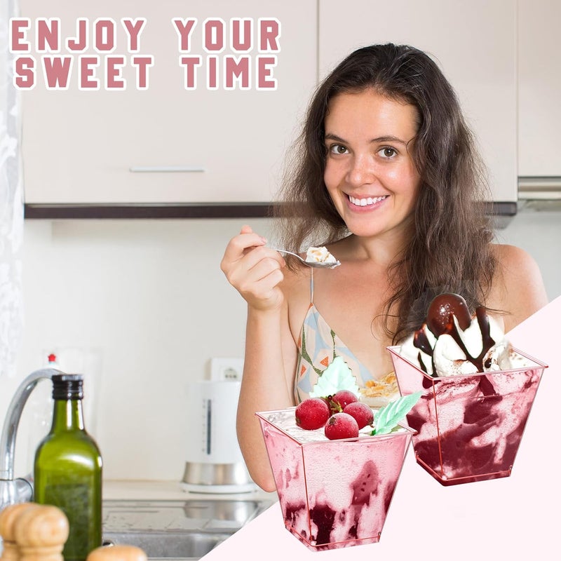 Mifoci 50 Pcs 8 oz Plastic Dessert Appetizer Cups Clear Mini Cake Salad Cups for Party Yogurt Parfait Containers for Parties Yogurt Fruit Ice Cream Serve Appetizer Clear Pink - Image 5