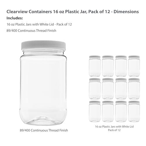 CLEARVIEW CONTAINERS - 12 Pack of 16 Ounce Plastic Pint Jars with 70RG Leak Proof Seal Lid - Food Grade and BPA Free (16oz, 12pk) - Image 2