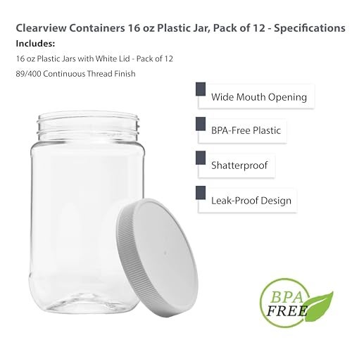 CLEARVIEW CONTAINERS - 12 Pack of 16 Ounce Plastic Pint Jars with 70RG Leak Proof Seal Lid - Food Grade and BPA Free (16oz, 12pk) - Image 4
