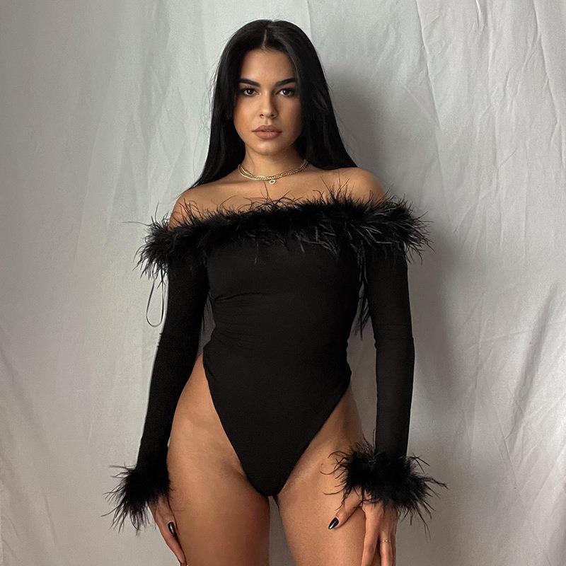 American-Style Outerwear Slim-Fit Furry Off-Shoulder Long-Sleeve Jumpsuit With Design Sense, Trendy Long-Sleeve Top For Women - Image 3