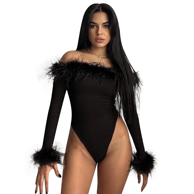 American-Style Outerwear Slim-Fit Furry Off-Shoulder Long-Sleeve Jumpsuit With Design Sense, Trendy Long-Sleeve Top For Women - Image 1