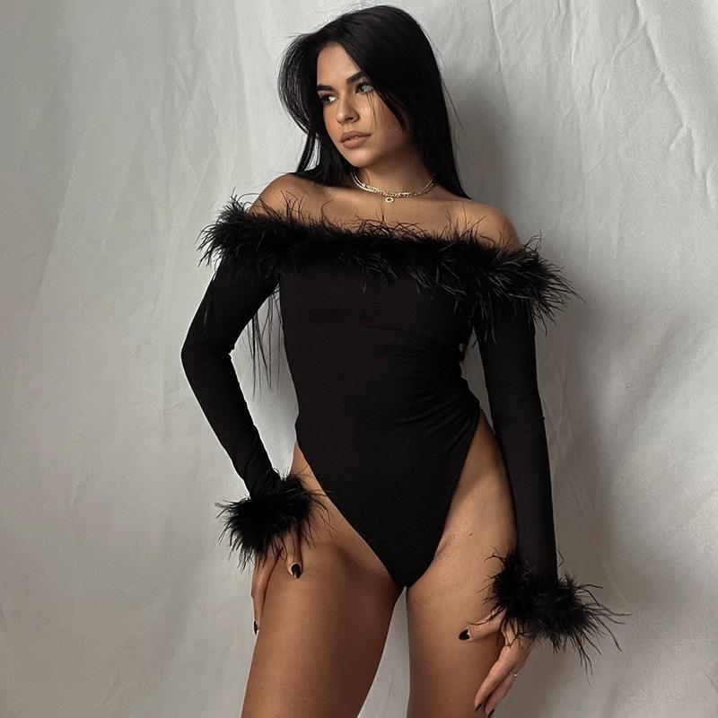 American-Style Outerwear Slim-Fit Furry Off-Shoulder Long-Sleeve Jumpsuit With Design Sense, Trendy Long-Sleeve Top For Women - Image 2