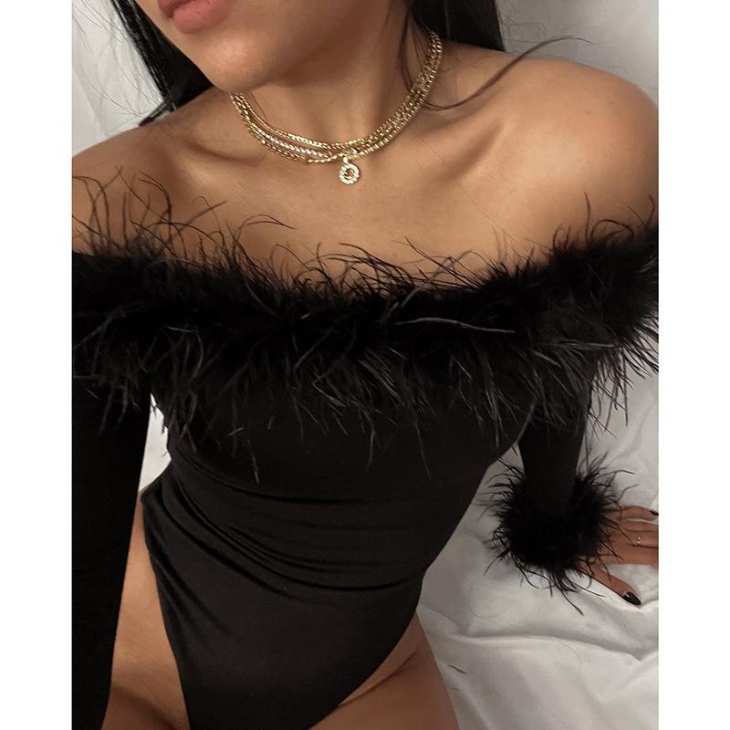 American-Style Outerwear Slim-Fit Furry Off-Shoulder Long-Sleeve Jumpsuit With Design Sense, Trendy Long-Sleeve Top For Women - Image 5