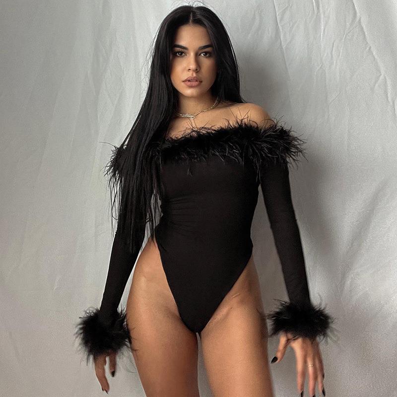 American-Style Outerwear Slim-Fit Furry Off-Shoulder Long-Sleeve Jumpsuit With Design Sense, Trendy Long-Sleeve Top For Women - Image 4