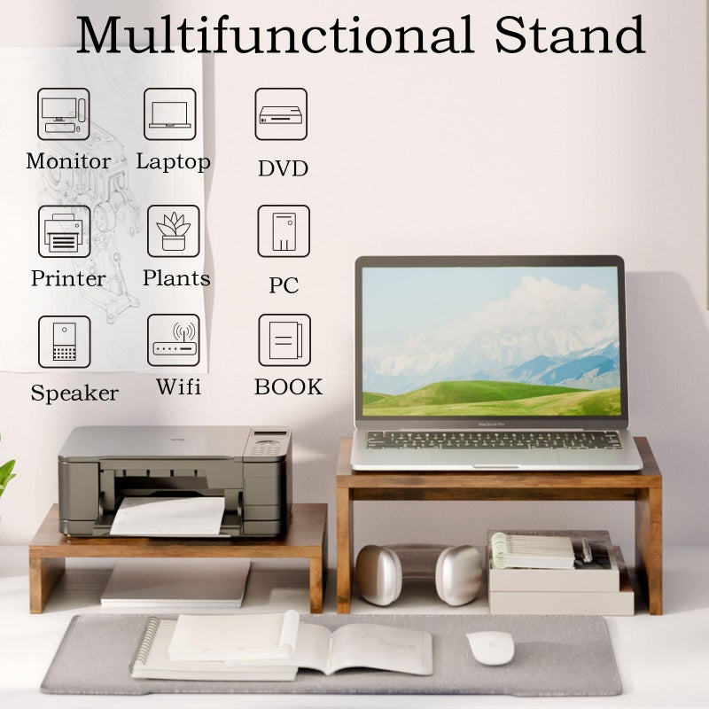 TEAMIX 2 Pack Monitor Stand Riser Rustic Brown,Wood 2 Tier Adjustable Monitor Stand Dual Monitor Riser for 2 Monitors/Laptop/PC Computer Stand Desktop Space Saverâ€¦ - Image 5