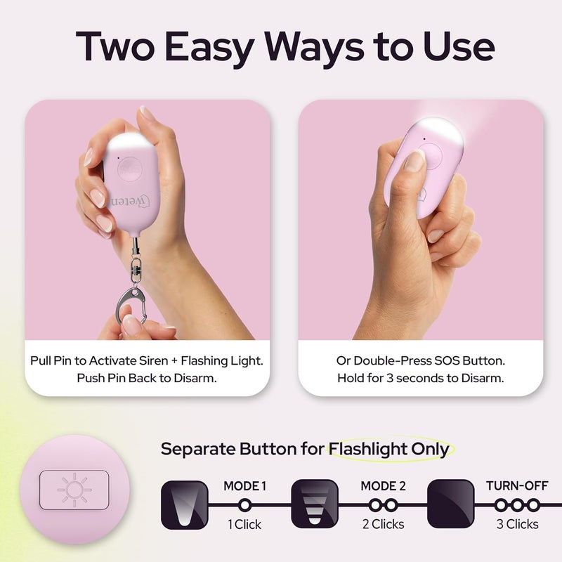 WETEN Rechargeable Personal Alarm Keychain - 130dB Siren & LED Light - Stylish Personal Safety Alert for Women to Carry - Panic Button Alarm for Security - Rape Whistle for Self Defense (Pink) - Image 3