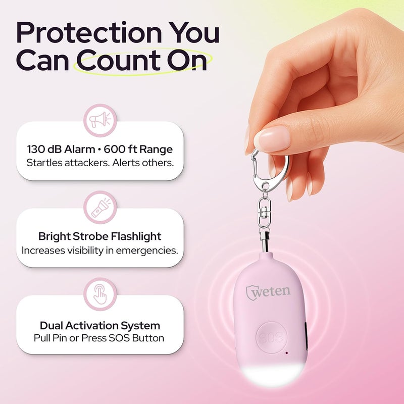 WETEN Rechargeable Personal Alarm Keychain - 130dB Siren & LED Light - Stylish Personal Safety Alert for Women to Carry - Panic Button Alarm for Security - Rape Whistle for Self Defense (Pink) - Image 2
