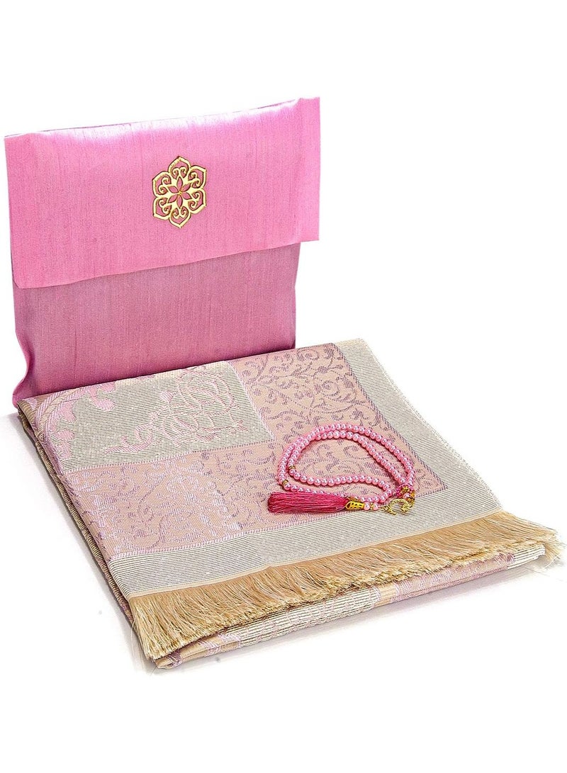 Muslim Prayer Rug and Beads with Elegant Slub Fabric Bag | Janamaz | Sajadah | Soft Islamic Prayer Rug | Islamic Gifts | Prayer Carpet Mat, Taffeta Fabric, Pink - Image 1