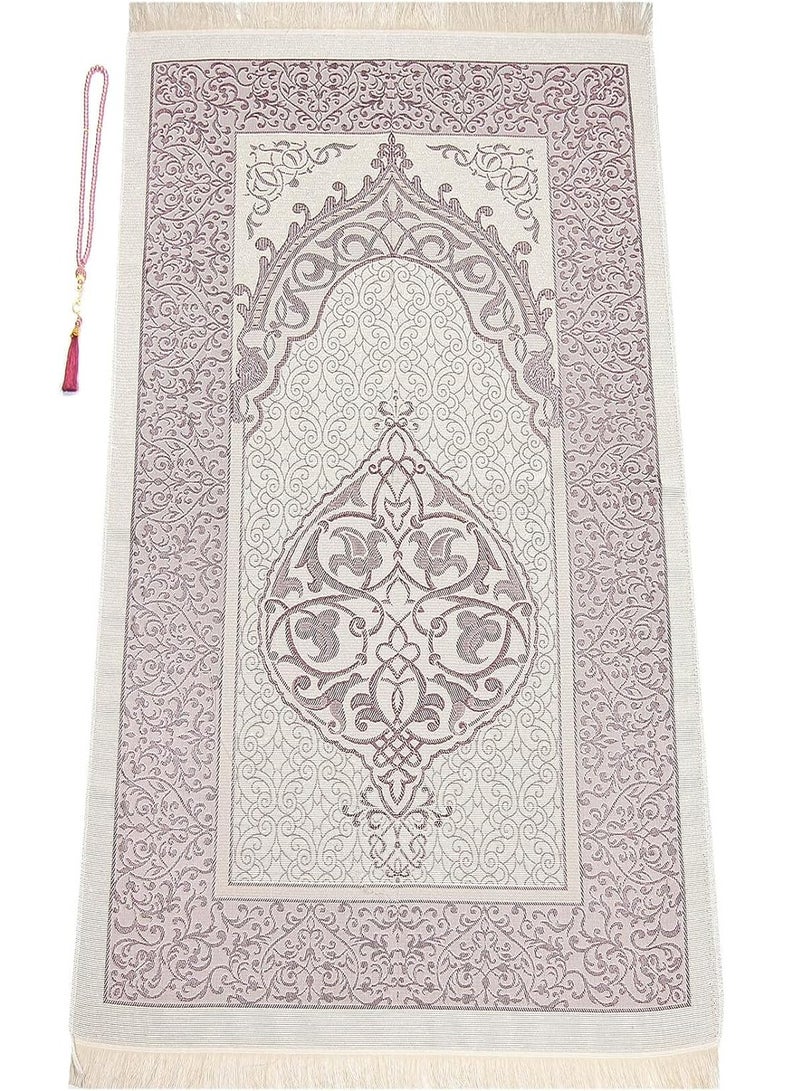 Muslim Prayer Rug and Beads with Elegant Slub Fabric Bag | Janamaz | Sajadah | Soft Islamic Prayer Rug | Islamic Gifts | Prayer Carpet Mat, Taffeta Fabric, Pink - Image 2