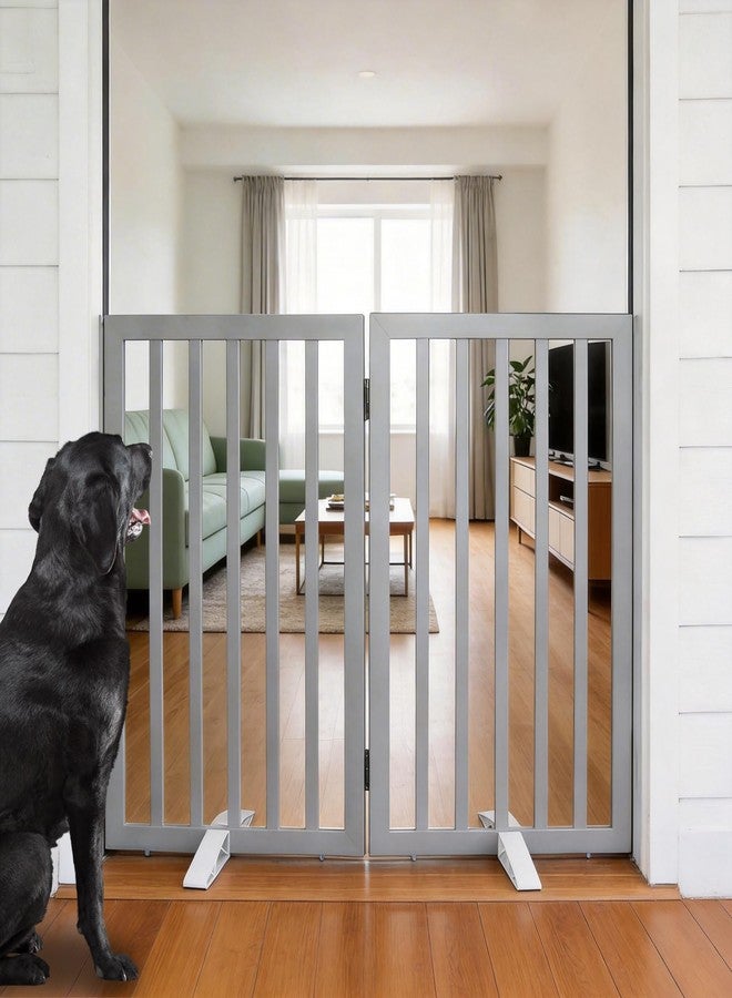 ZJSF Freestanding Indoor Dog Gate for House Foldable Wood Puppy Gate for Doorways Pet Gate for Stairs Extra Wide Pet Fence, Grey, 32" Height 2 Panels - Image 1