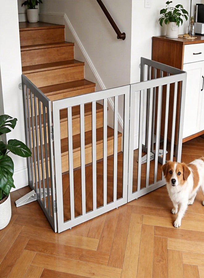 ZJSF Freestanding Indoor Dog Gate for House Foldable Wood Puppy Gate for Doorways Pet Gate for Stairs Extra Wide Pet Fence, Grey, 32" Height 2 Panels - Image 3