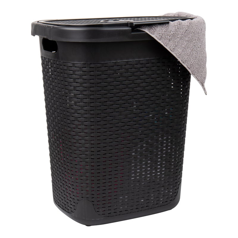 Mind Reader Slim Laundry Hamper with Lid, 50L Clothes Basket, Premium Wicker Design, Plastic, Black - Image 1