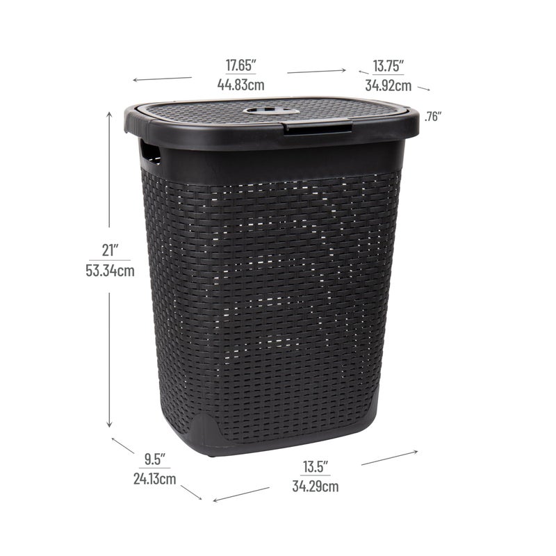 Mind Reader Slim Laundry Hamper with Lid, 50L Clothes Basket, Premium Wicker Design, Plastic, Black - Image 3