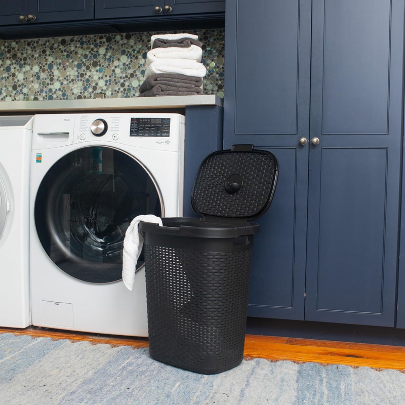 Mind Reader Slim Laundry Hamper with Lid, 50L Clothes Basket, Premium Wicker Design, Plastic, Black - Image 2