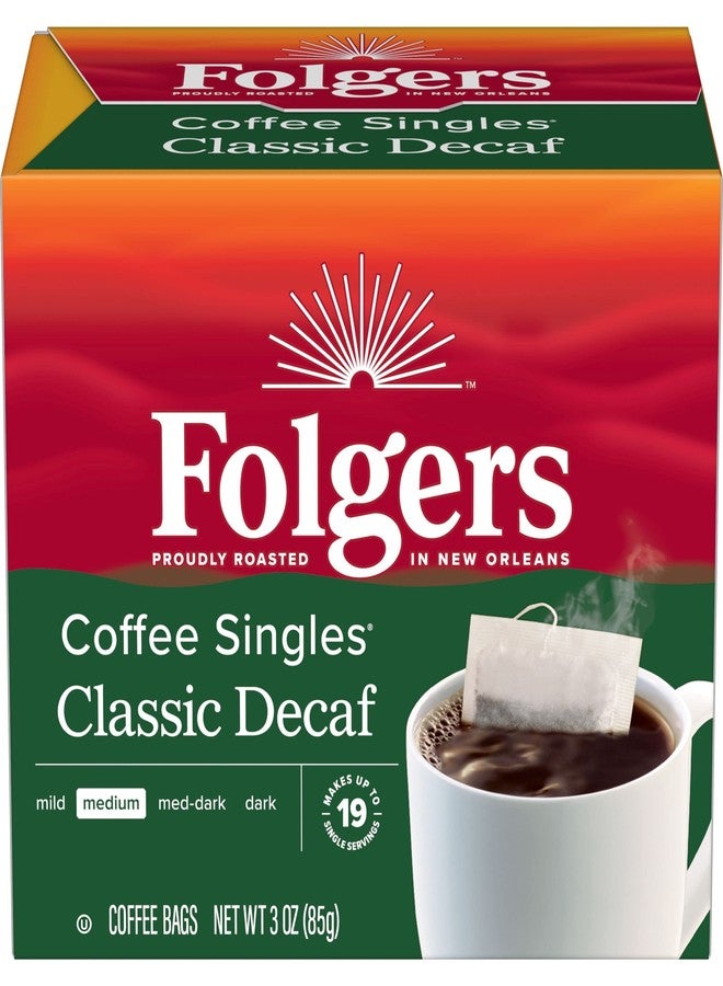 Folgers Coffee Singles Classic Decaf Medium Roast Coffee, 19 Single Serve Coffee Bags - Image 1