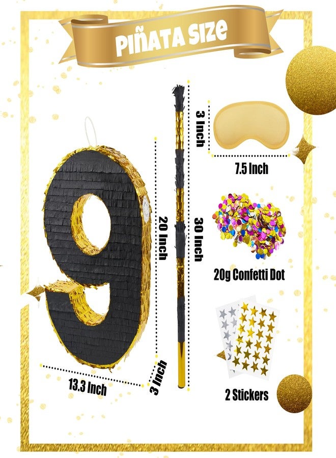 PCFING 20 Inch Number 9 Piñata Gold Black with 30 Inch Piñata Stick Blindfold Confetti for Man Women Boys Girls Birthday Party Decorations, Anniversary Celebration, Fiesta - Image 2