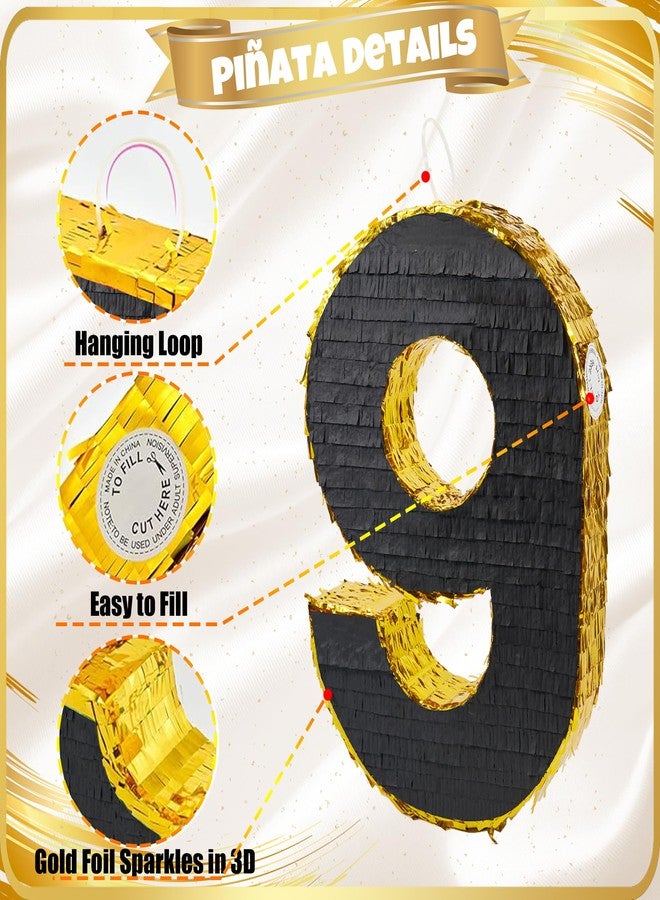 PCFING 20 Inch Number 9 Piñata Gold Black with 30 Inch Piñata Stick Blindfold Confetti for Man Women Boys Girls Birthday Party Decorations, Anniversary Celebration, Fiesta - Image 4