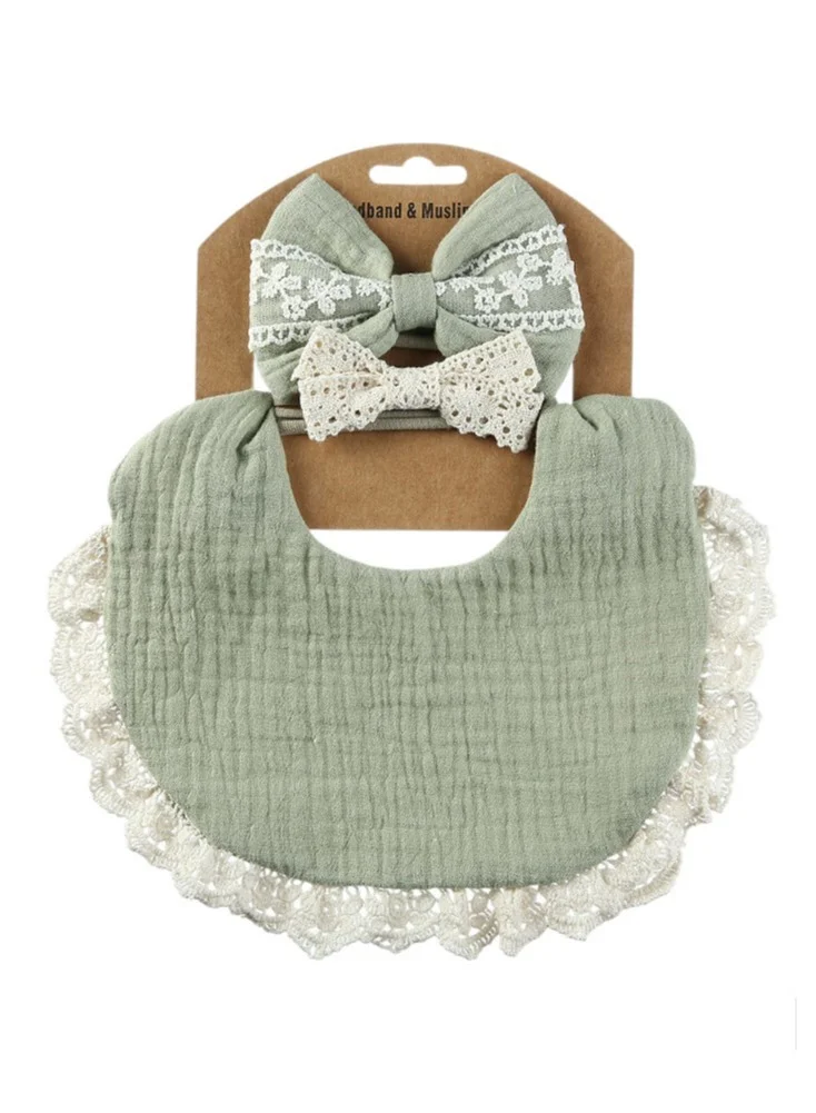 Bambimici -Camila Ribbons Headband & Baby Bib Set Sage Green