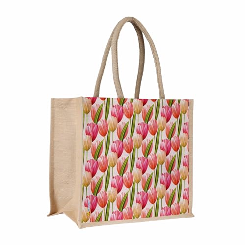 Sangra Multicolor Jute bag for Women and Men Lunch Bag with Zip and Handle (Floral) (Tulip) - Image 1