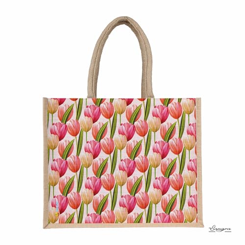 Sangra Multicolor Jute bag for Women and Men Lunch Bag with Zip and Handle (Floral) (Tulip) - Image 3