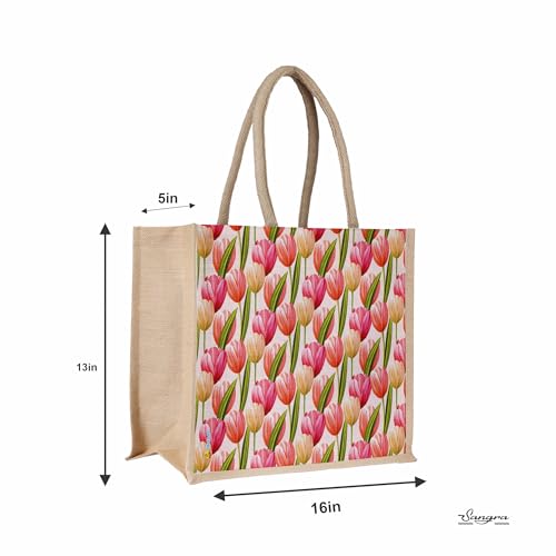 Sangra Multicolor Jute bag for Women and Men Lunch Bag with Zip and Handle (Floral) (Tulip) - Image 5
