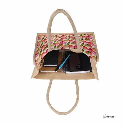 Sangra Multicolor Jute bag for Women and Men Lunch Bag with Zip and Handle (Floral) (Tulip) - Image 4