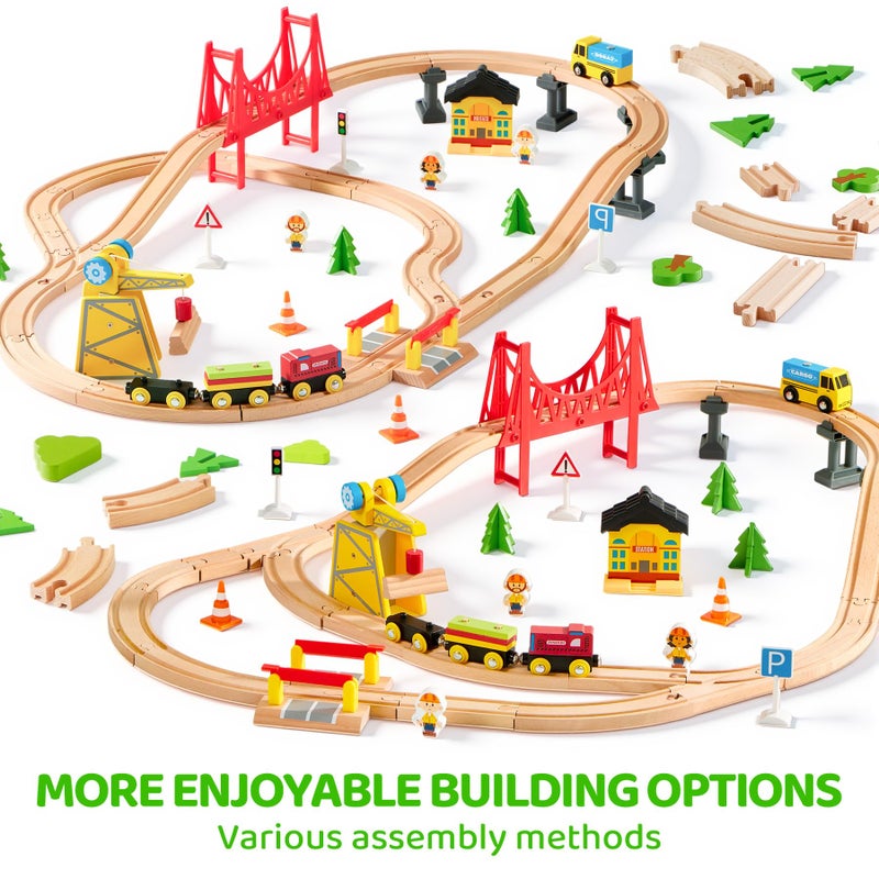 SYNCFUN 60PCS Wooden Train Set - Toy Magnetic Trains with Wooden Track Set for Kids Ages 3-8, Construction Crane Railway Set, Perfect Easter Birthday Gift for Grandkids Toddlers Boys Girls - Image 2