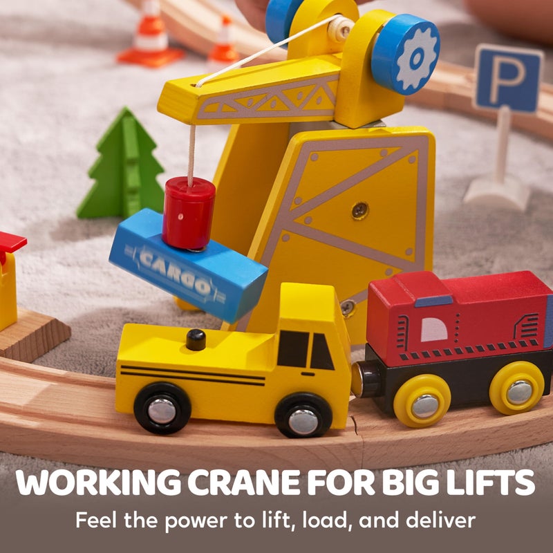 SYNCFUN 60PCS Wooden Train Set - Toy Magnetic Trains with Wooden Track Set for Kids Ages 3-8, Construction Crane Railway Set, Perfect Easter Birthday Gift for Grandkids Toddlers Boys Girls - Image 5