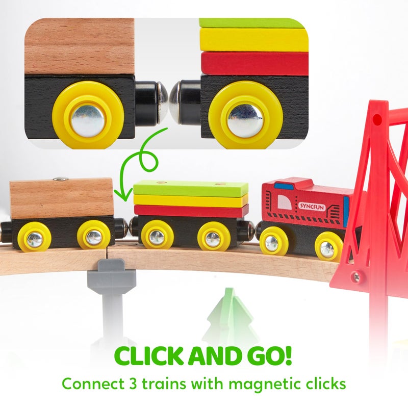 SYNCFUN 60PCS Wooden Train Set - Toy Magnetic Trains with Wooden Track Set for Kids Ages 3-8, Construction Crane Railway Set, Perfect Easter Birthday Gift for Grandkids Toddlers Boys Girls - Image 4