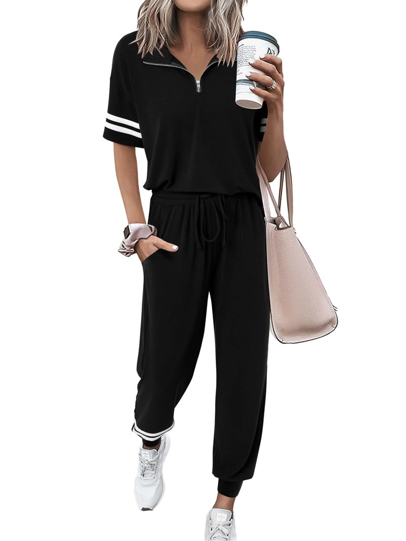 MASCOMODA Womens Two Piece Outfits 2026 Summer Short Sleeve Quarter Zip Pullover Tops Jogging Pants Tracksuit Loungewear Set(Black,X-Large) - Image 1