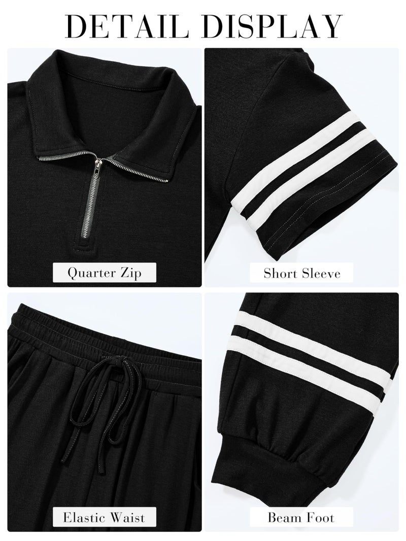MASCOMODA Womens Two Piece Outfits 2026 Summer Short Sleeve Quarter Zip Pullover Tops Jogging Pants Tracksuit Loungewear Set(Black,X-Large) - Image 5