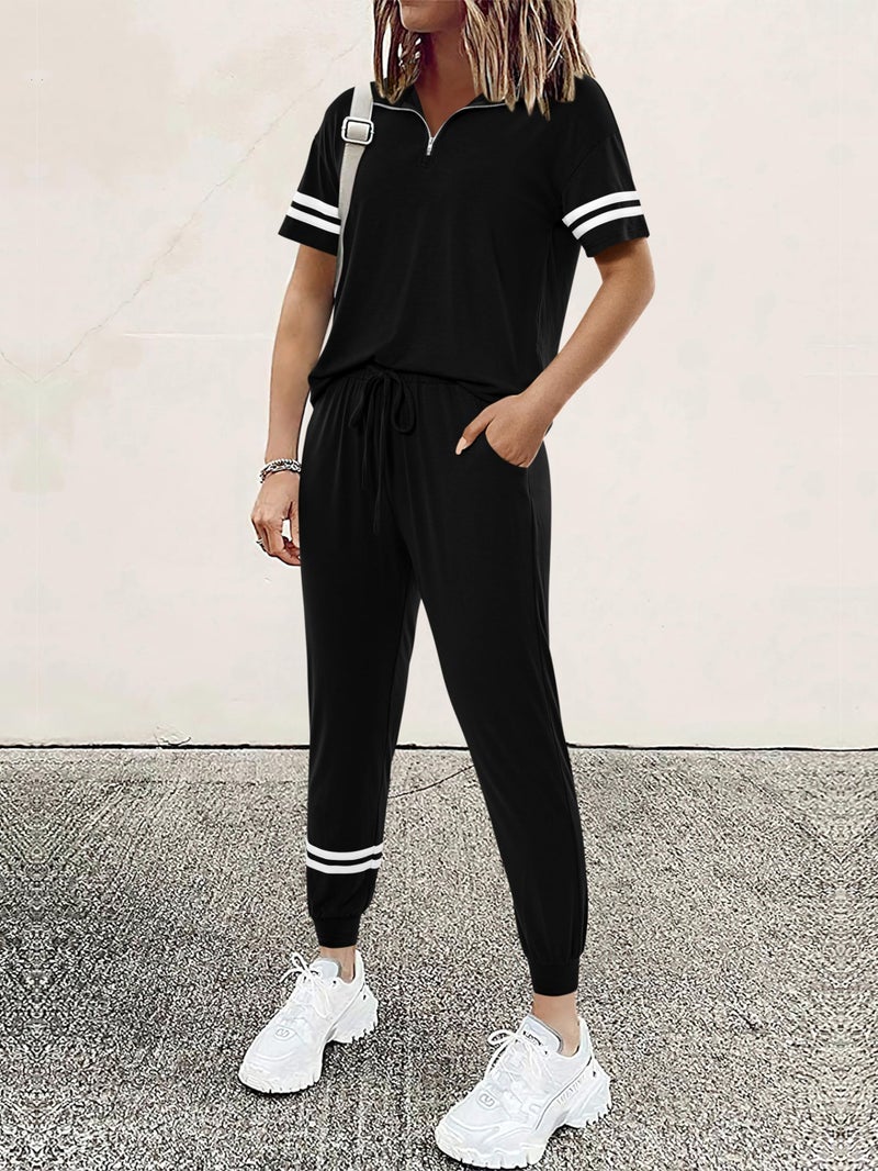 MASCOMODA Womens Two Piece Outfits 2026 Summer Short Sleeve Quarter Zip Pullover Tops Jogging Pants Tracksuit Loungewear Set(Black,X-Large) - Image 3