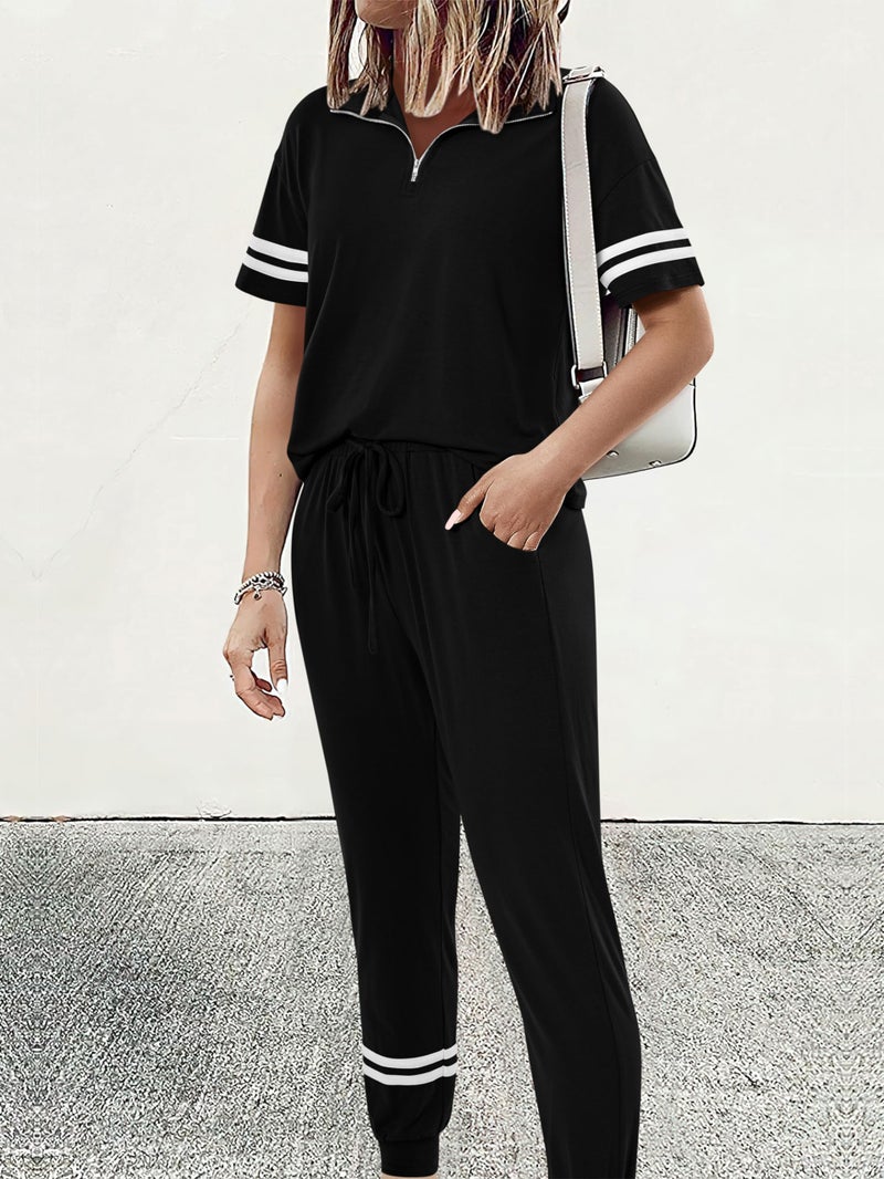 MASCOMODA Womens Two Piece Outfits 2026 Summer Short Sleeve Quarter Zip Pullover Tops Jogging Pants Tracksuit Loungewear Set(Black,X-Large) - Image 2