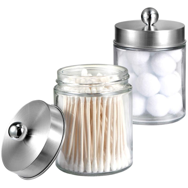 Amolliar Amolliar Apothecary Jars Bathroom Vanity Organizer Countertop Canister Jar with Storage Lid  Qtip Dispenser Holder Glass for QtipsCotton SwabsMakeup SpongesHair Band  Brushed Nickel 2 Pack 