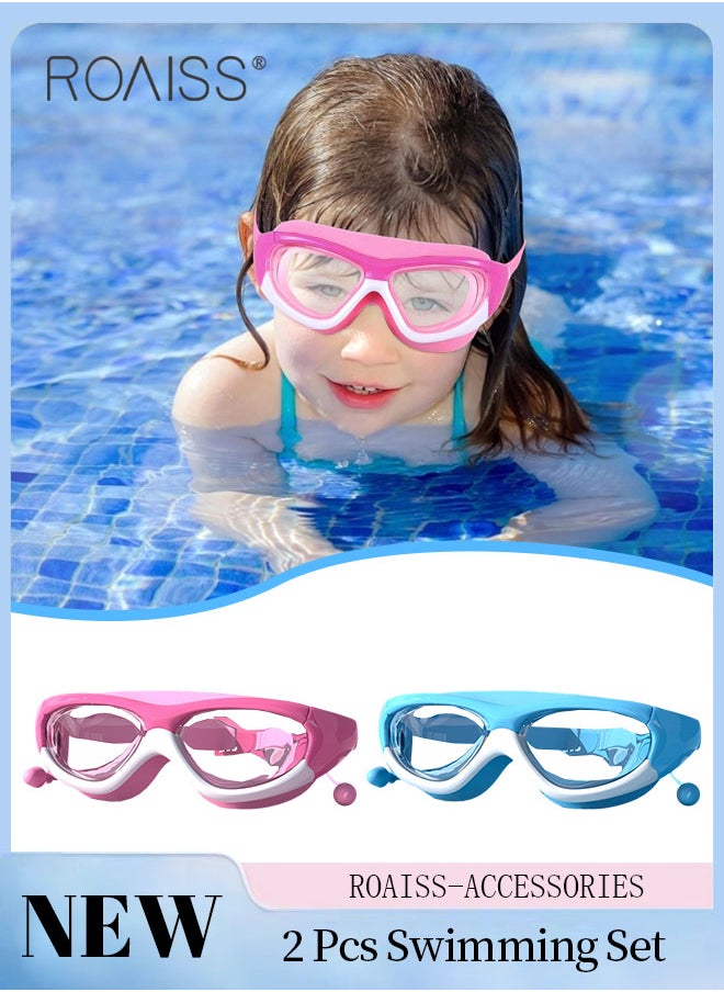 roaiss 2 Pcs Kids Swim Goggles Set, Waterproof Anti-fog Swimming Goggles with Integrated Earplugs, Clear Vision Pool Goggles for Boys Girls Age 3-15 Youth, Blue and Pink  - Image 1