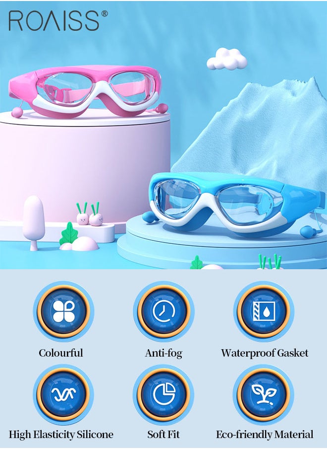 roaiss 2 Pcs Kids Swim Goggles Set, Waterproof Anti-fog Swimming Goggles with Integrated Earplugs, Clear Vision Pool Goggles for Boys Girls Age 3-15 Youth, Blue and Pink  - Image 3