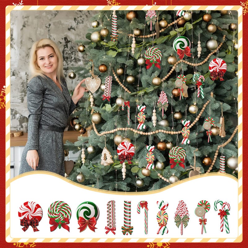 Macarrie 60 Pcs Christmas Candy Ornaments Candy Cane for Christmas Tree Ornaments Lollipop Hanging Ornaments Wood Candy Decorations Red and White Christmas Ornaments Xmas Peppermint Cutouts (Vivid Style) - Image 4
