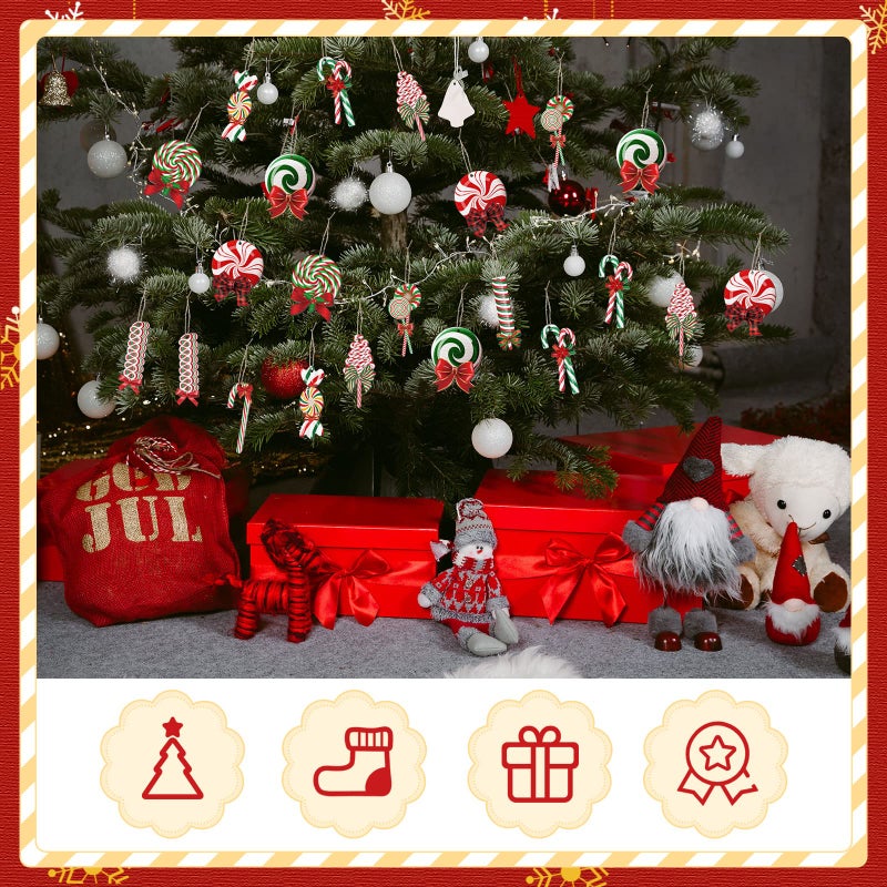Macarrie 60 Pcs Christmas Candy Ornaments Candy Cane for Christmas Tree Ornaments Lollipop Hanging Ornaments Wood Candy Decorations Red and White Christmas Ornaments Xmas Peppermint Cutouts (Vivid Style) - Image 5
