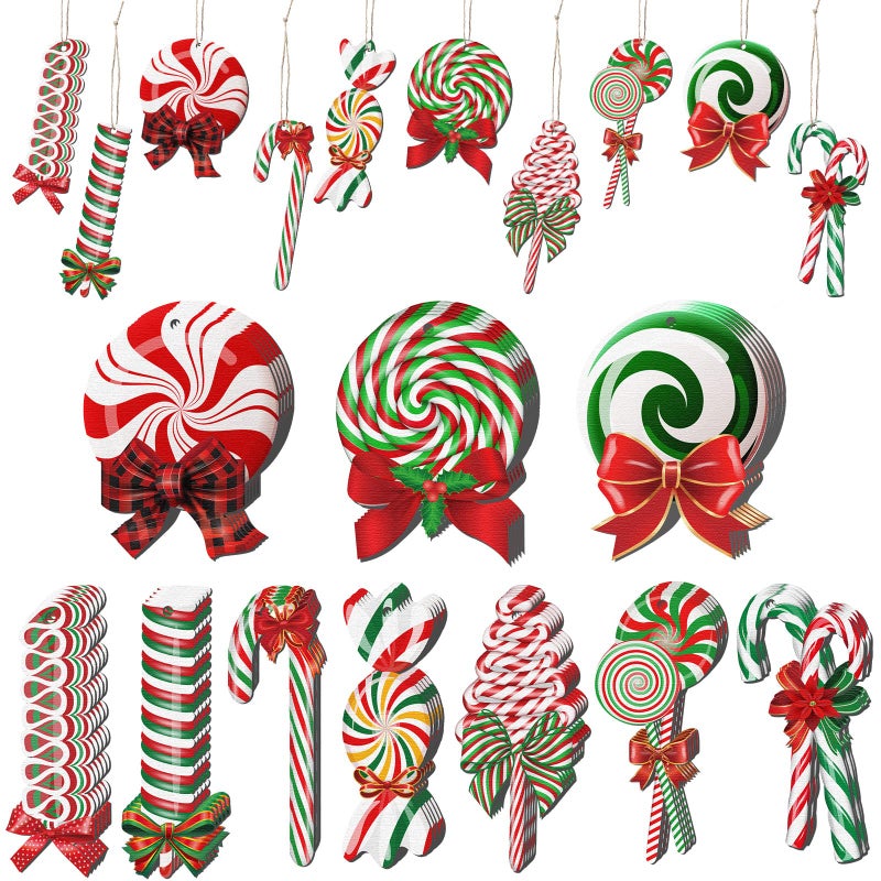 Macarrie 60 Pcs Christmas Candy Ornaments Candy Cane for Christmas Tree Ornaments Lollipop Hanging Ornaments Wood Candy Decorations Red and White Christmas Ornaments Xmas Peppermint Cutouts (Vivid Style) - Image 1