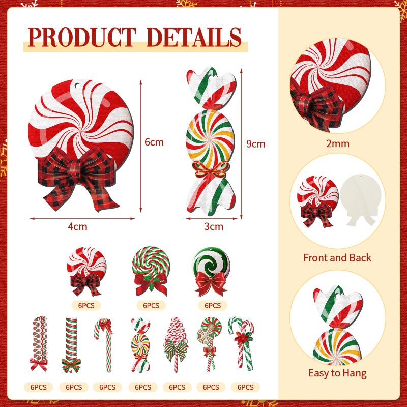 Macarrie 60 Pcs Christmas Candy Ornaments Candy Cane for Christmas Tree Ornaments Lollipop Hanging Ornaments Wood Candy Decorations Red and White Christmas Ornaments Xmas Peppermint Cutouts (Vivid Style) - Image 2