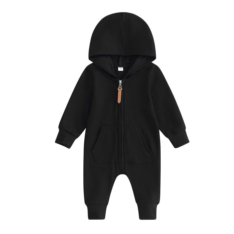 allshope Newborn Baby Boy Girl Fall Outfit Romper Long Sleeve Hooded Solid Color Zipper Jumpsuit Bodysuit Infant Clothes (Color Black, 3-6 Months) - Image 1