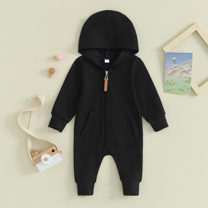 allshope Newborn Baby Boy Girl Fall Outfit Romper Long Sleeve Hooded Solid Color Zipper Jumpsuit Bodysuit Infant Clothes (Color Black, 3-6 Months) - Image 2