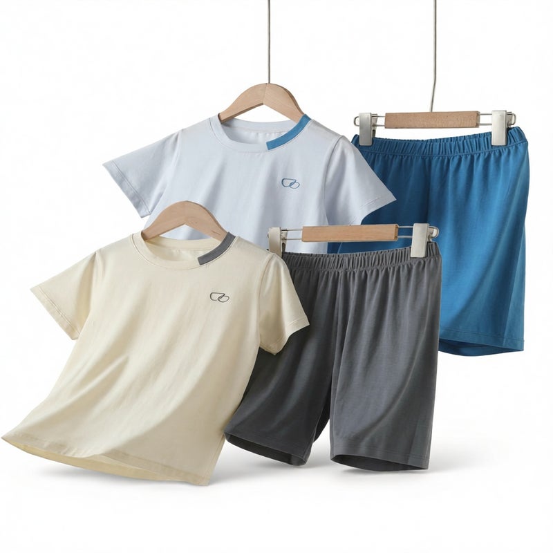 Boys Short Sleeve Sleepwear Set Summer Thin Tencel Fabric Kids Homewear Pajama Suit - Image 1