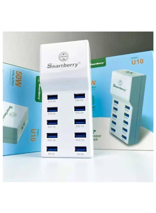 Smartberry 50W U10 10-Port USB Wall Charger || Multi-Device Intelligent Charging Station with Auto Detect Technology – High-Speed Adapter for Smartphones, Tablets, Laptops & More – Compact Family Charging Hub with Built-in Safety Protection – Fast & Efficient USB Power Block  - Image 5